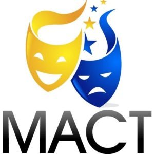 MACT Logo. Upper portion is comedy/drama masks with comedy mask in yellow and drama mask in blue. Lower portion has the acronym "MACT" and below it the description MN Association of Community Theatres.