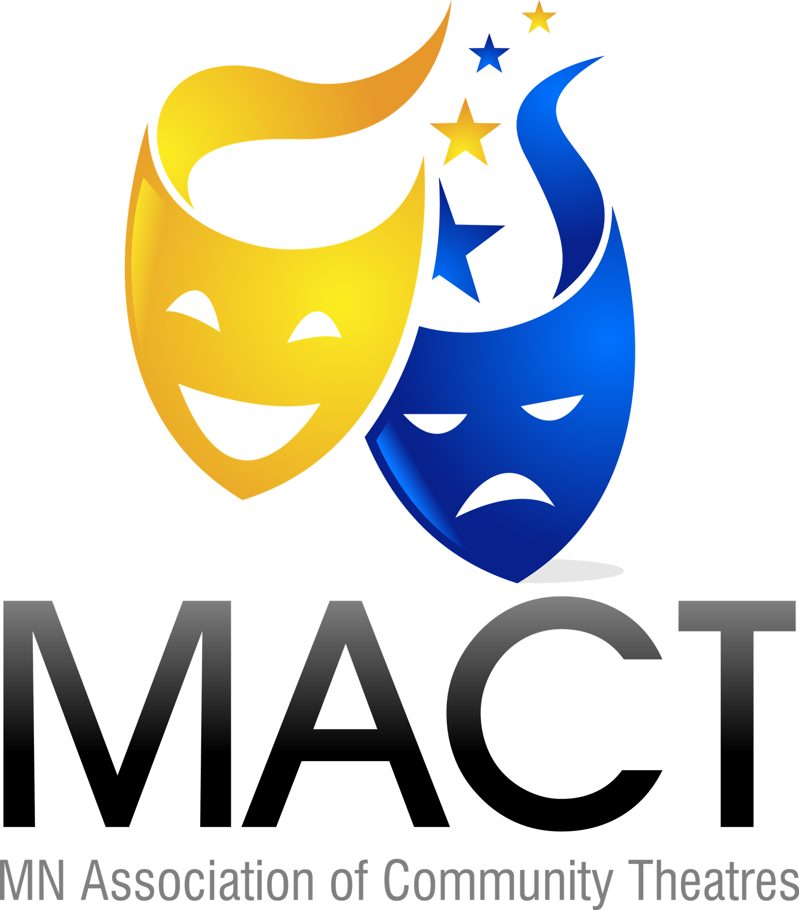 MACT Logo. Upper portion is comedy/drama masks with comedy mask in yellow and drama mask in blue. Lower portion has the acronym "MACT" and below it the description MN Association of Community Theatres.