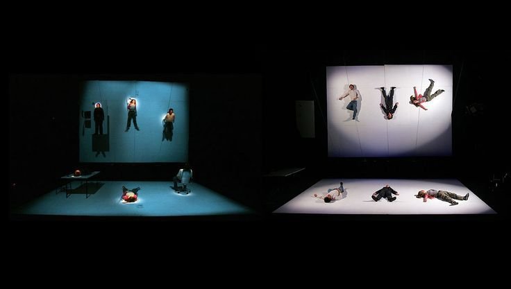 Stage scene with two large mirrors reflecting the actors below