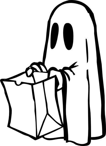 Black and white image of a ghost holding a paper bag