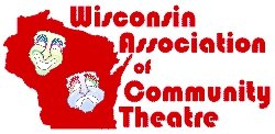 WACT logo is the Wisconsin state outline in red with the comedy/drama masks inside and the association name to the right in red letters